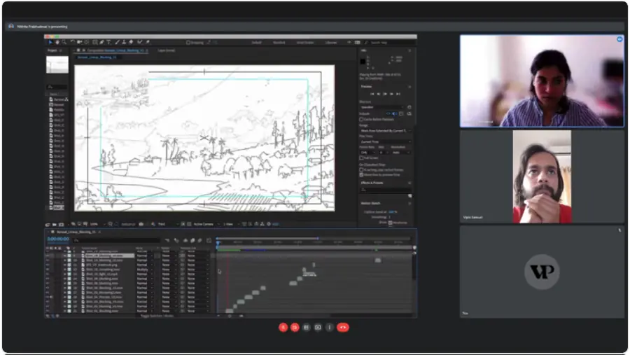 Layout blocking shared over a call, the film timeline on screen