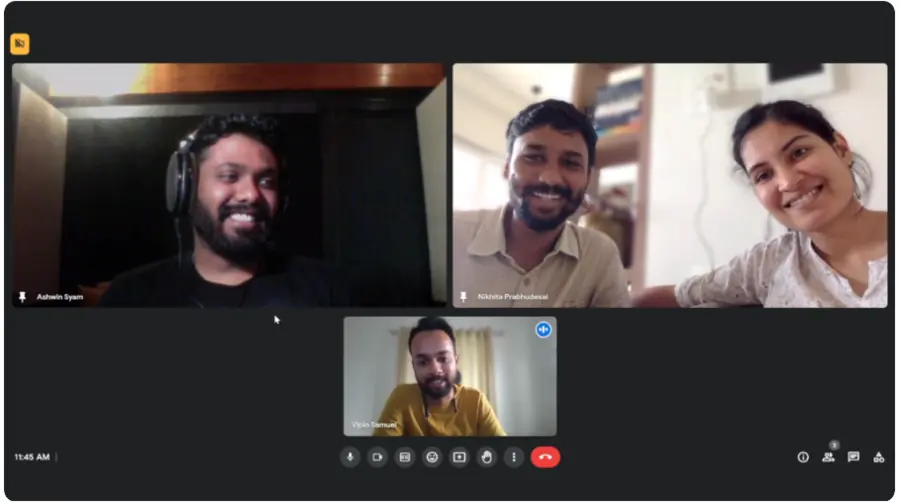 Ashwin, Vipin and Totem's directors smiling on a video call
