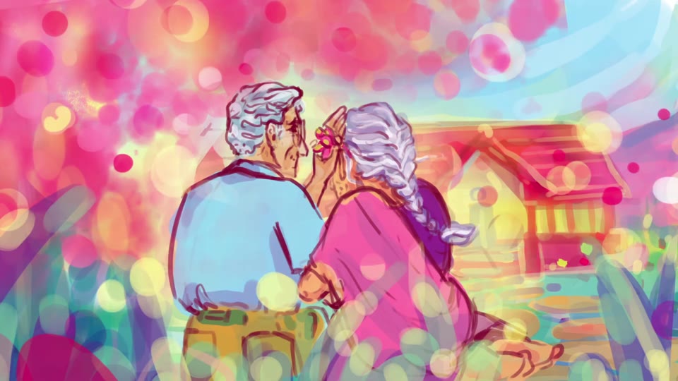 The old couple embraces among falling petals, director's cut