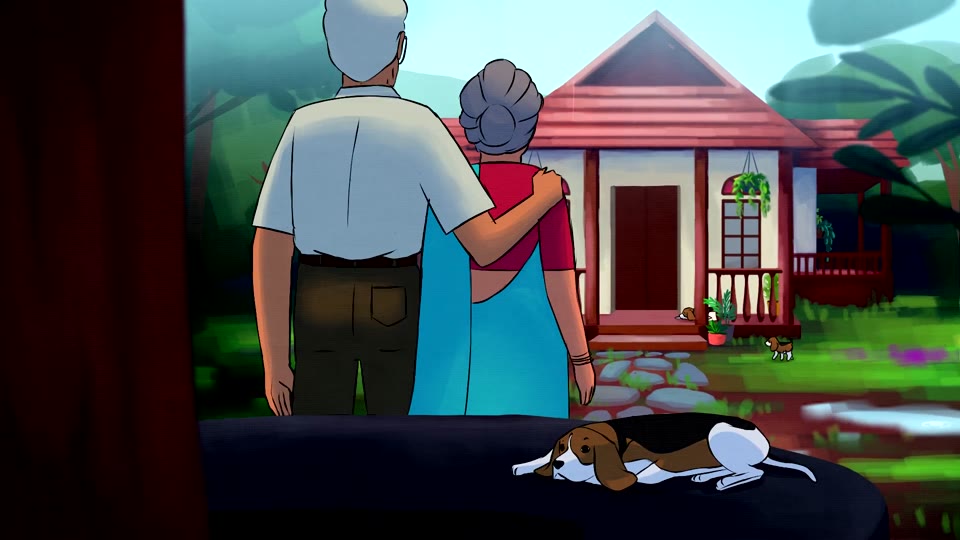 The old couple embraces outside their home, final film