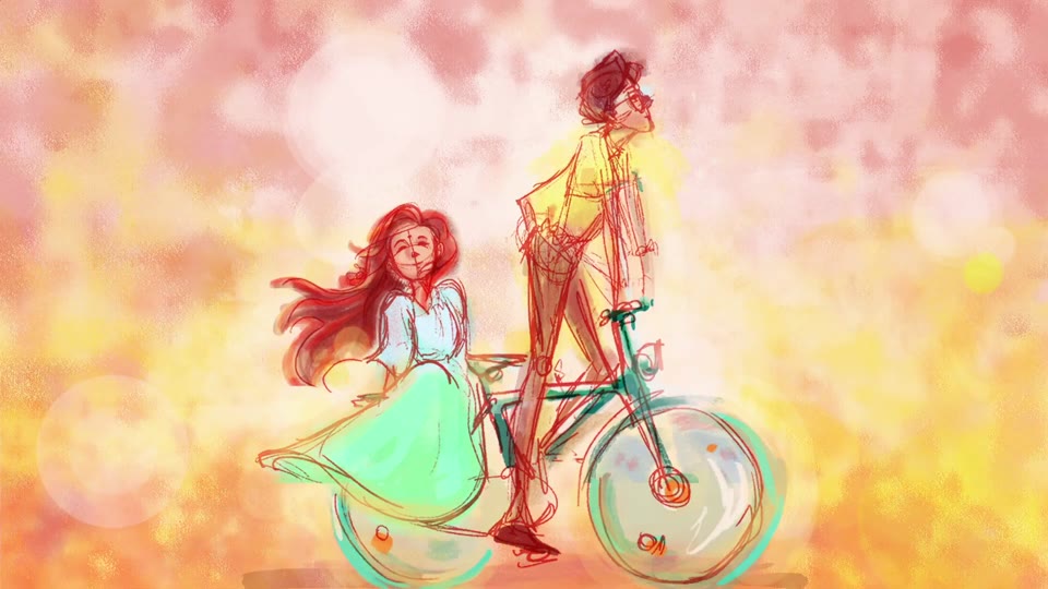 The couple rides a bicycle in golden light, director's cut