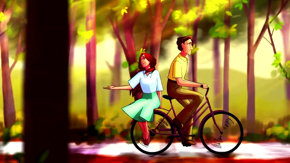 The couple rides a bicycle through a green forest, final film