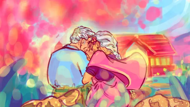 The old couple embraces in a burst of pink, Barsaat postcard