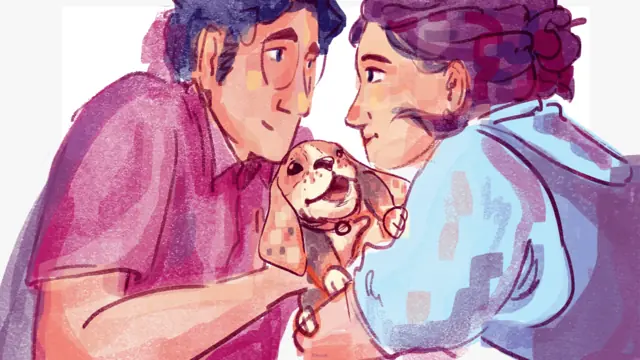 The couple holds their puppy close, Barsaat postcard