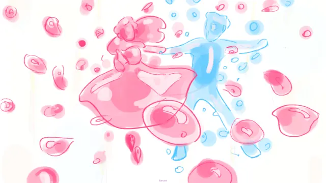 Two watercolor figures dance as pigment, Barsaat postcard