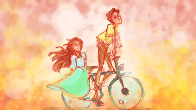 She rides her bicycle through golden light, Barsaat postcard
