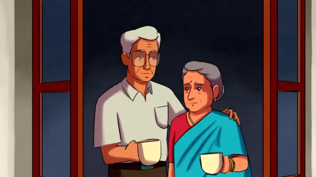 The old couple at the window with morning tea, Barsaat postcard